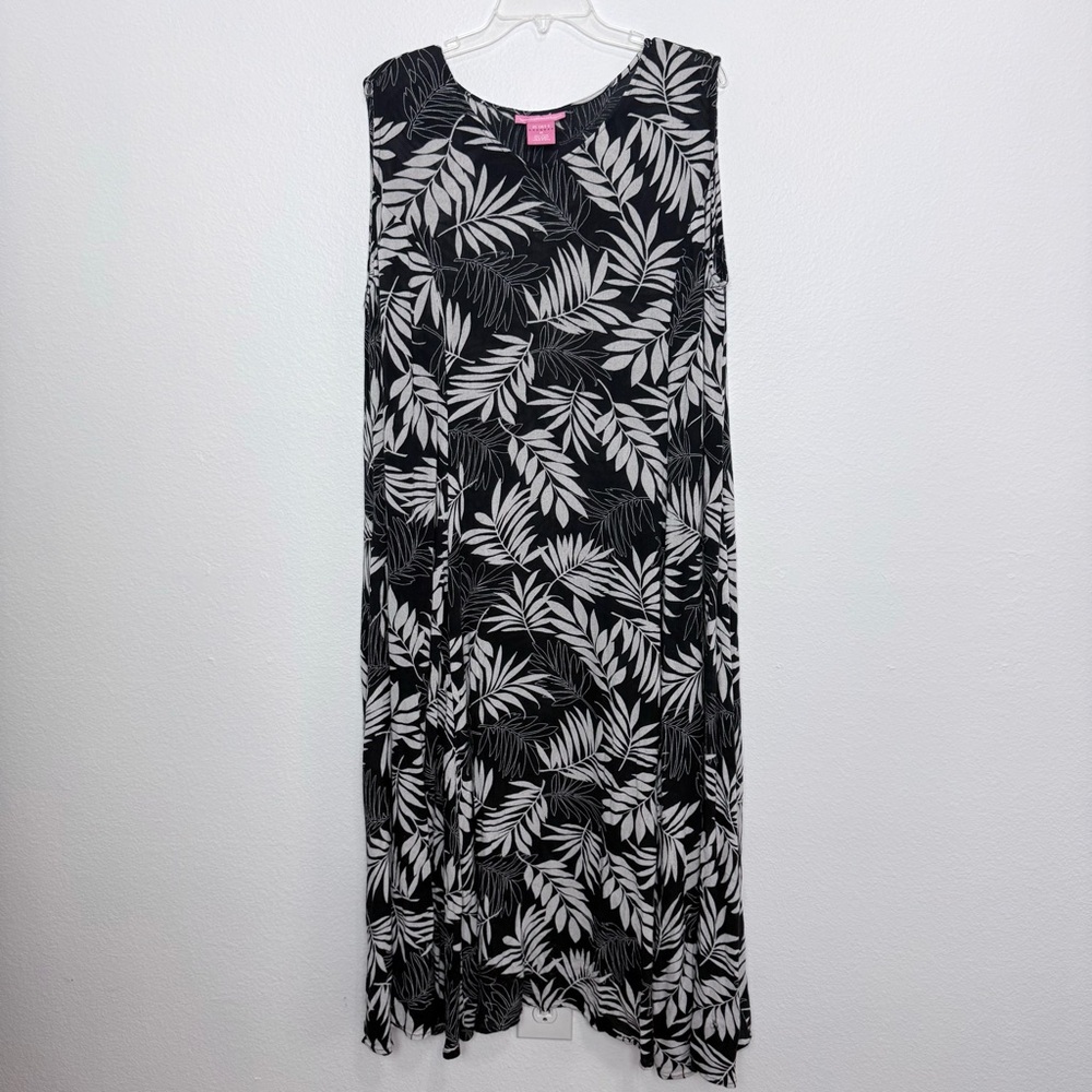 Woman Within Black & White Palm Leaf Maxi Dress Sleeveless Long Lightweight